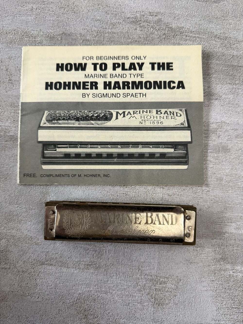 Vintage M. Hohner Marine Band 1896 Harmonica Key of G with Instructional Booklet